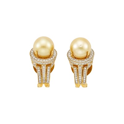 Lot 1183 - Pair of Gold, Golden Cultured Pearl and Diamond Earclips