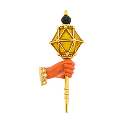 Lot 197 - Gold, Carved Coral, Black Onyx, Yellow Glass and Diamond Hand and Lantern Clip-Brooch, France