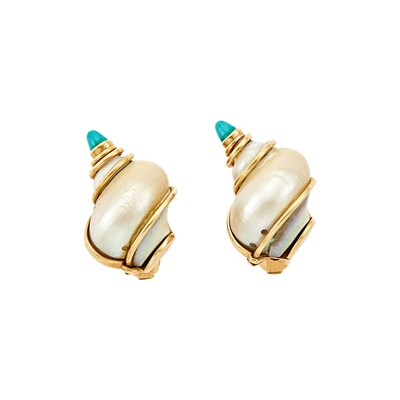 Lot 1078 - Pair of Gold, Shell and Turquoise Earclips