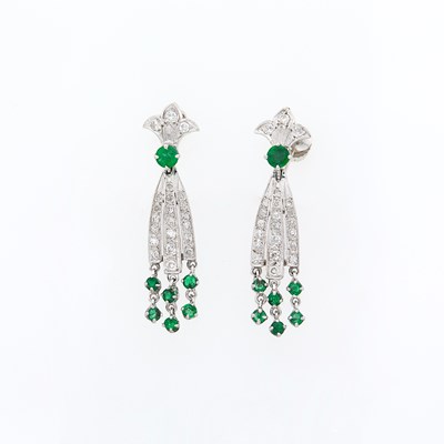 Lot 2345 - Pair of White Gold, Emerald and Diamond Pendant-Earclips