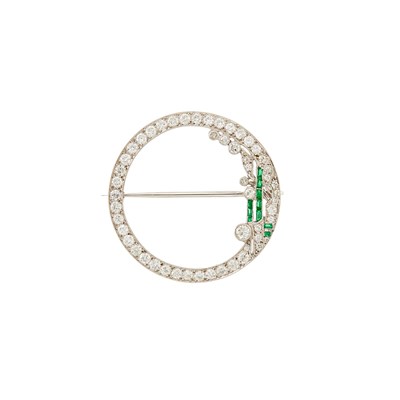 Lot 2260 - Platinum, Diamond and Synthetic Emerald Circle Brooch