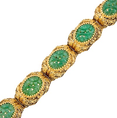 Lot 2407 - Gold and Carved Jade Bracelet