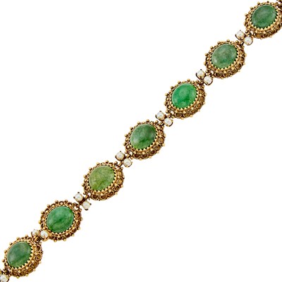 Lot 2408 - Gold, Jade and Cultured Pearl Bracelet