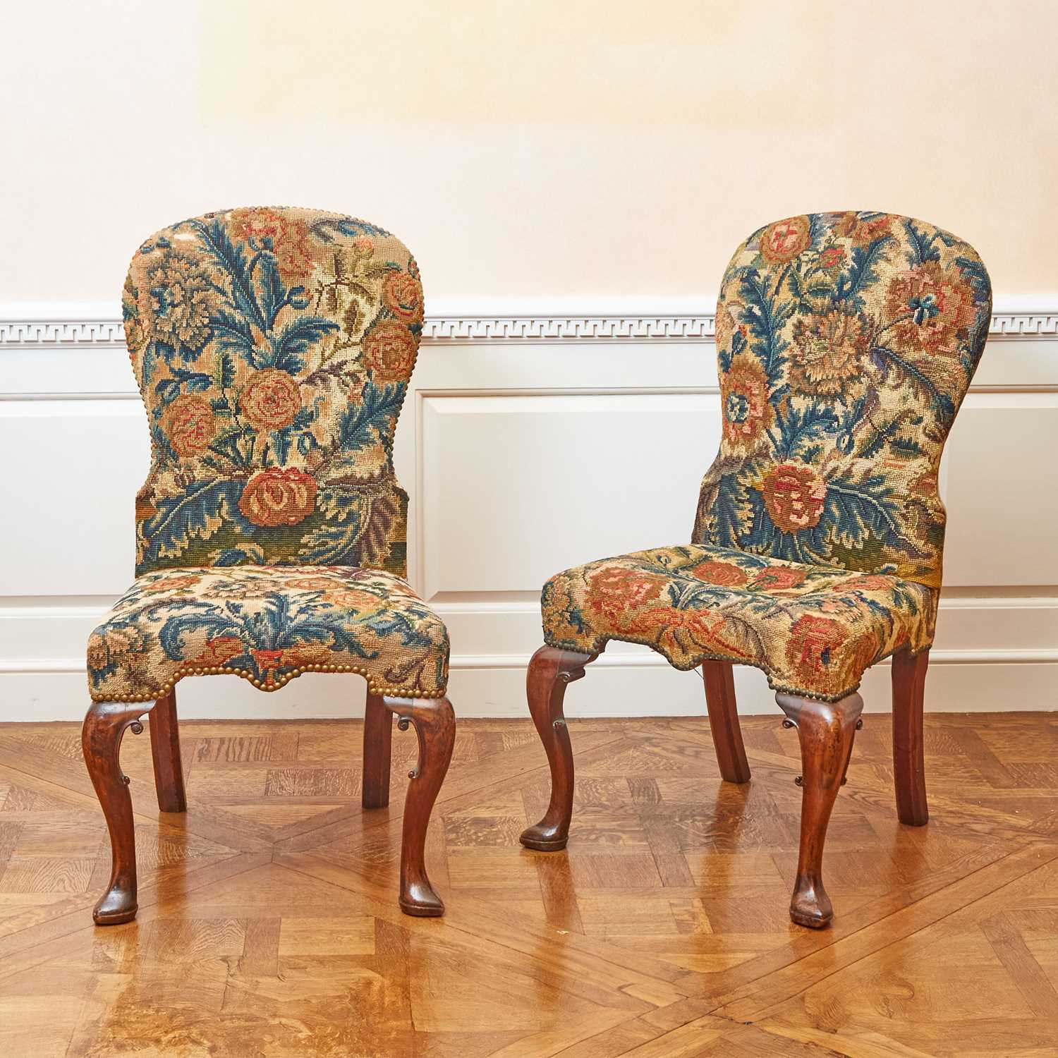 Lot 100 - Pair of George II Needlework-Upholstered Walnut Side Chairs