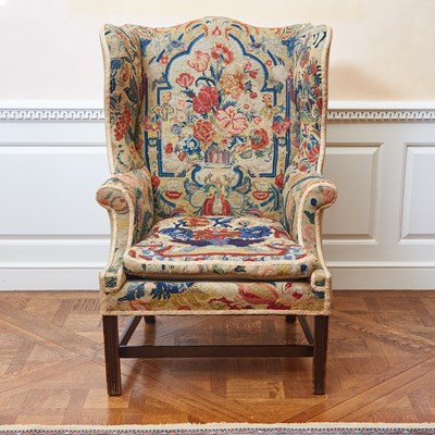 Lot 127 - George III Style Mahogany Needlework-Upholstered Wing Armchair