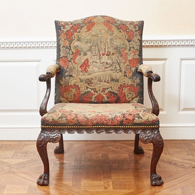 Lot 109 - George II Style Needlework-Upholstered Walnut Library Armchair