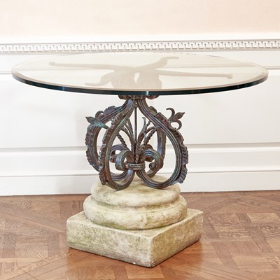 Lot 153 - Modern Wrought Iron and Cast Stone Pedestal Table