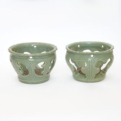 Lot 177 - Two Chinese Longquan Celadon Openwork Brazier Stands