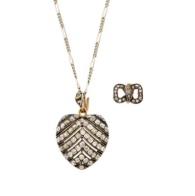 Lot 1127 - Antique Silver, Gold and Diamond Heart Pendant-Necklace with Interchangeable Bail