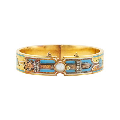 Lot 1111 - Antique Gold, Silver, Enamel, Pearl and Diamond Bangle Bracelet