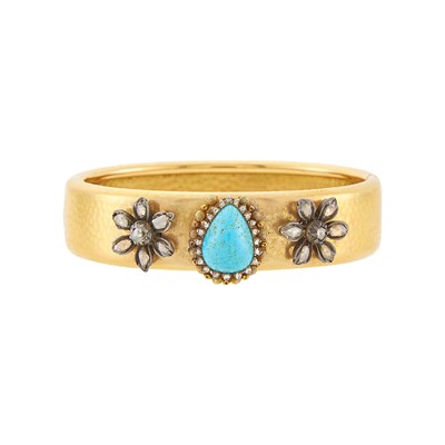 Lot 2185 - Gold, Silver, Turquoise and Diamond Bangle Bracelet