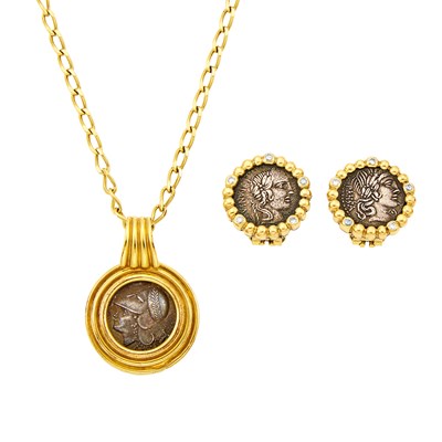 Lot 1215 - Pair of Gold, Coin and Diamond Earclips and Ilias Lalaounis Pendant with Chain Necklace