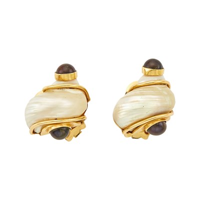 Lot 1204 - Seaman Schepps Pair of Gold, Shell and Semi-Baroque Tahitian Gray Cultured Pearl 'Turbo' Earclips