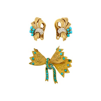 Lot 1076 - Pair of Gold, Low Karat Gold, Turquoise and Diamond Earclips and Brooch