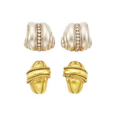 Lot 1034 - Pair of Gold Earclips and Ivan & Co. Pair of White Gold Earclips