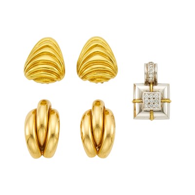 Lot 1251 - Two Pairs of Gold Earclips and Two-Color Gold and Diamond Pendant