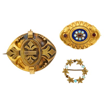 Lot 1102 - Three Antique Gold, Low Karat Gold, Enamel and Gem-Set Brooches