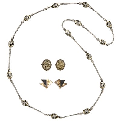 Lot 1161 - John Hardy Silver and Gold Necklace and Pair of Earclips and Erte Pair of Rose Gold, Black Onyx and Diamond Earclips