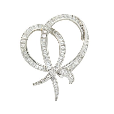 Lot 159 - Platinum and Diamond Ribbon Clip-Brooch