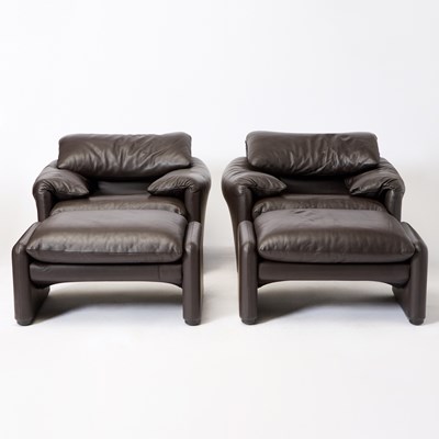 Lot 228 - Pair of Vico Magistretti for Cassina Leather Upholstered “Maralunga” Armchairs and Ottomans