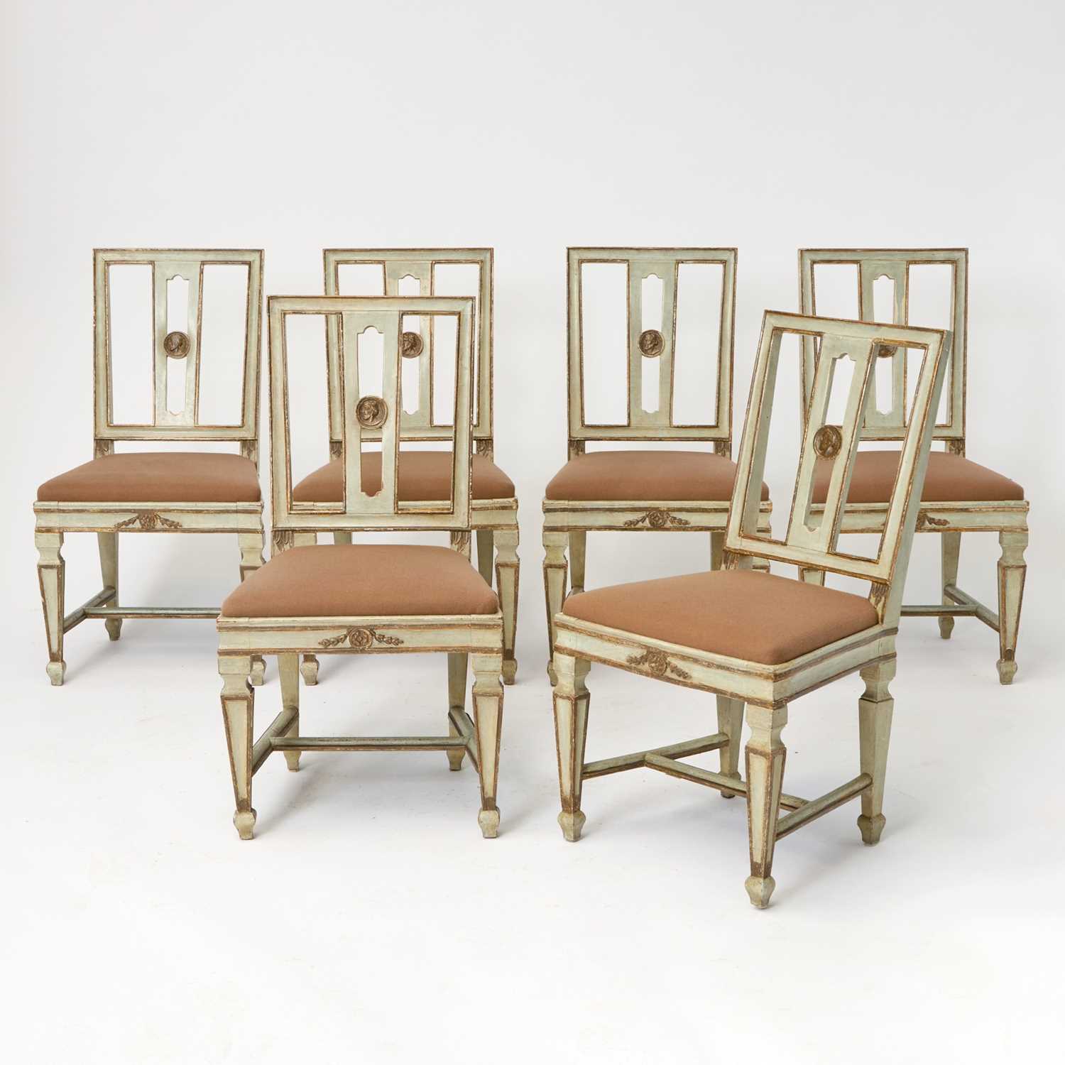 Lot 570 - Set of Six Swedish Gustav III Style Painted and Parcel-Gilt Dining Chairs