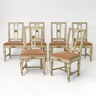 Lot 570 - Set of Six Swedish Gustav III Style Painted and Parcel-Gilt Dining Chairs