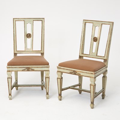 Lot 570 - Set of Six Swedish Gustav III Style Painted and Parcel-Gilt Dining Chairs