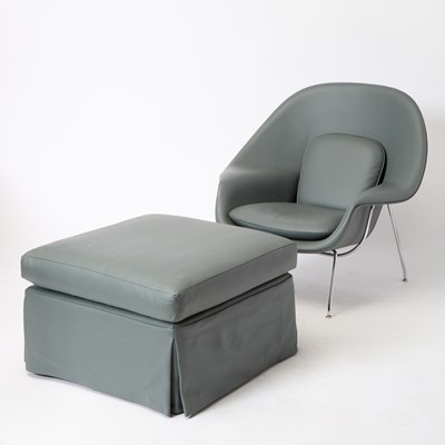 Lot 235 - Eero Saarinen for Knoll Leather Upholstered “Womb” Chair and Cube-Form Ottoman Upholstered en Suite