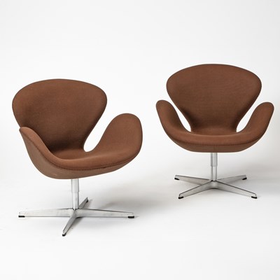 Lot 242 - Pair of Arne Jacobsen for Fritz Hansen Aluminum and Upholstered “Model 3320 Swan” Armchairs