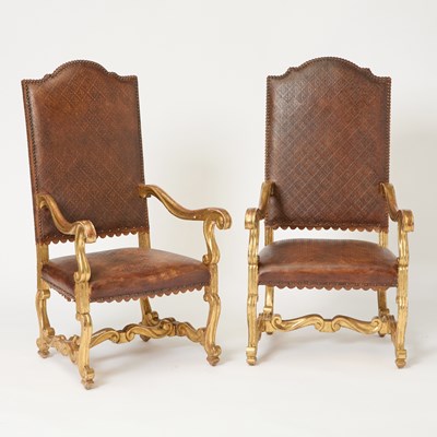 Lot 156 - Pair of Louis XIV Style Tooled Leather Upholstered Giltwood Fauteuils