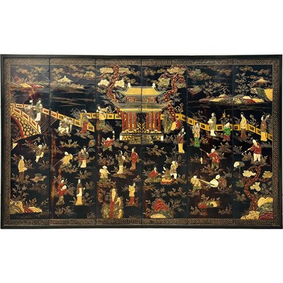 Lot 152 - Chinese Six-panel Gilt and Inlaid Black-lacquered Screen