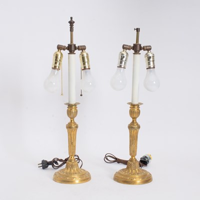 Lot 213 - Pair of Gilt Metal Candlestick-Form Lamps