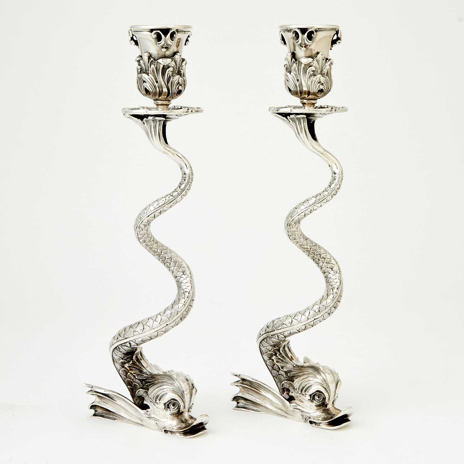 Lot 265 - Pair of Modern Fabergé Silver Plate Dolphin-Form Candlesticks