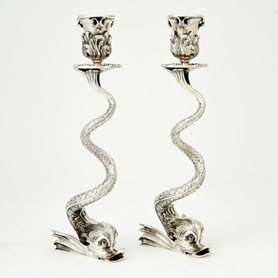 Lot 265 - Pair of Modern Fabergé Silver Plate Dolphin-Form Candlesticks