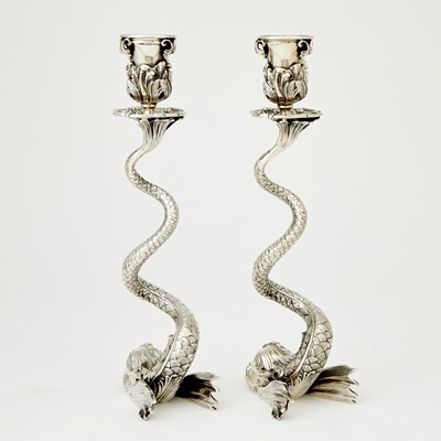 Lot 265 - Pair of Modern Fabergé Silver Plate Dolphin-Form Candlesticks