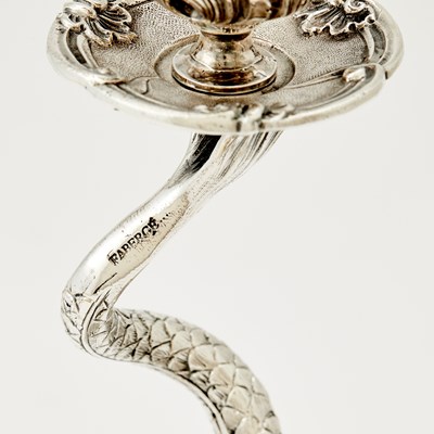 Lot 265 - Pair of Modern Fabergé Silver Plate Dolphin-Form Candlesticks