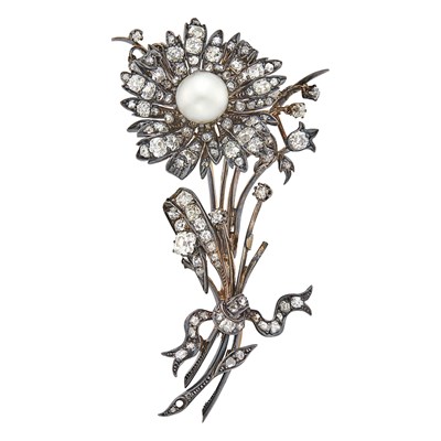 Lot 1120 - Antique Silver, Gold, Pearl and Diamond Flower Brooch