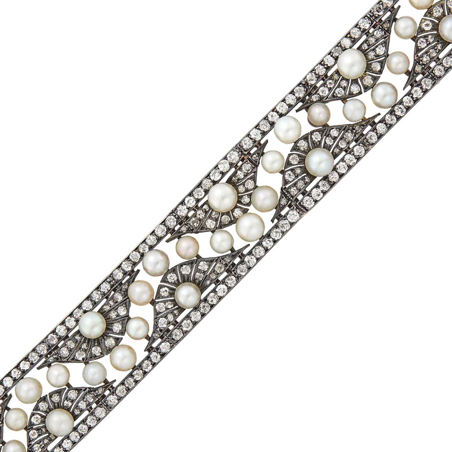 Lot 137 - Antique Silver, Gold, Natural and Cultured Pearl and Diamond Bracelet