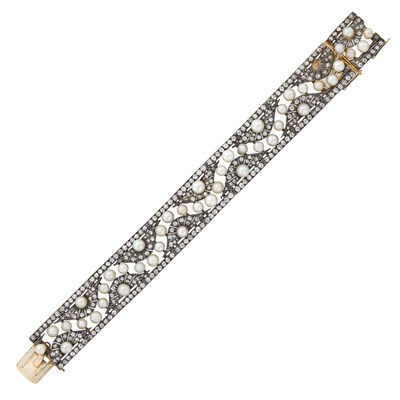 Lot 137 - Antique Silver, Gold, Natural and Cultured Pearl and Diamond Bracelet
