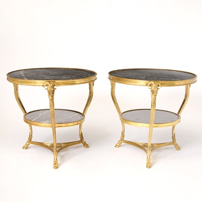 Lot 112 - Pair of Louis XVI Style Gilt Bronze and Veined Black Marble Gueridons