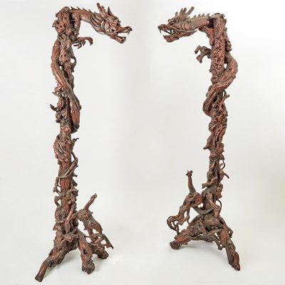 Lot 156 - Pair of Carved Root Sculptures of Dragons