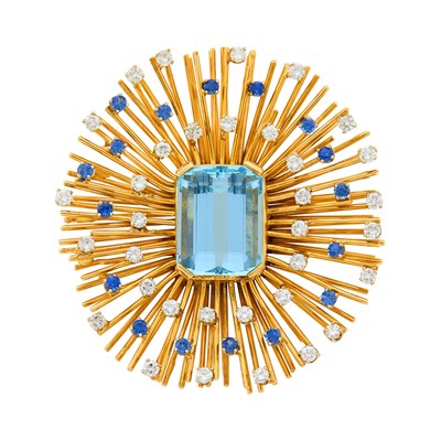 Lot 78 - Gold, Aquamarine, Sapphire and Diamond Pendant-Brooch