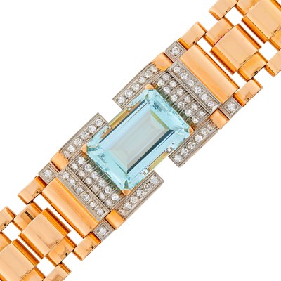 Lot 77 - Rose Gold, Platinum, Aquamarine and Diamond Bracelet