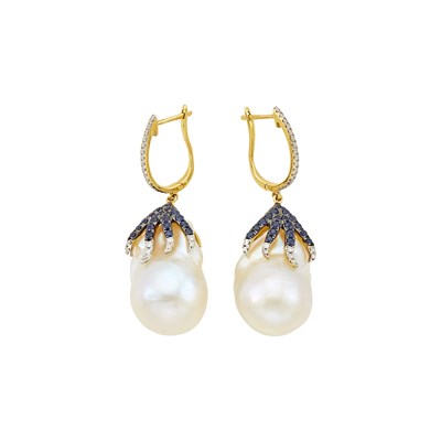 Lot 1172 - Pair of Tricolor Gold, Baroque Cultured Pearl, Sapphire and Diamond Pendant-Earrings