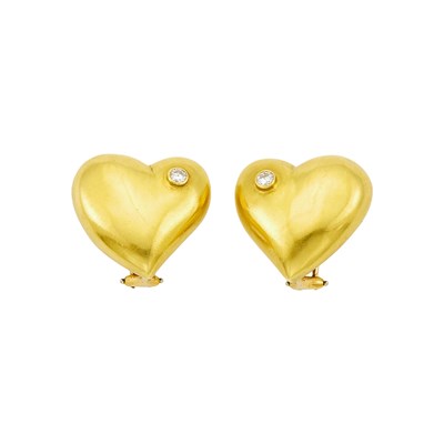 Lot 1005 - Marlene Stowe Pair of Gold and Diamond Heart Earclips