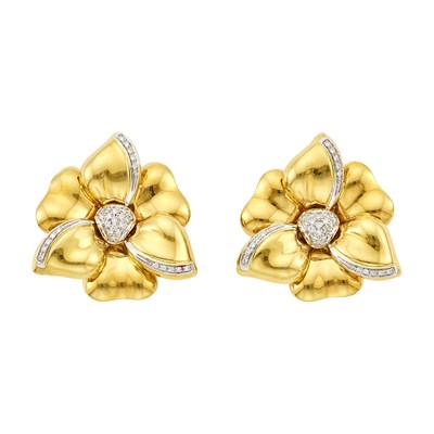 Lot 1010 - Pair of Two-Color Gold and Diamond Flower Earclips