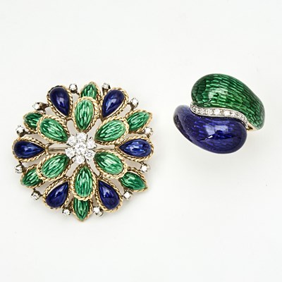 Lot 1031 - Two-Color Gold, Enamel and Diamond Ring and Brooch