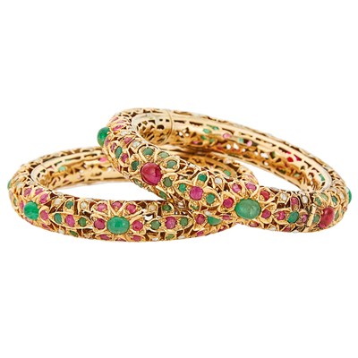 Lot 1229 - Two Indian Gold and Gem-Set Bangle Bracelets