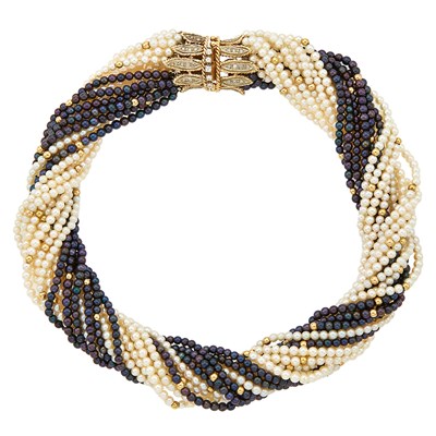 Lot 1242 - Multistrand Tahitian Cultured Pearl, Cultured Pearl and Gold Bead Necklace with Two-Color Gold and Diamond Clasp