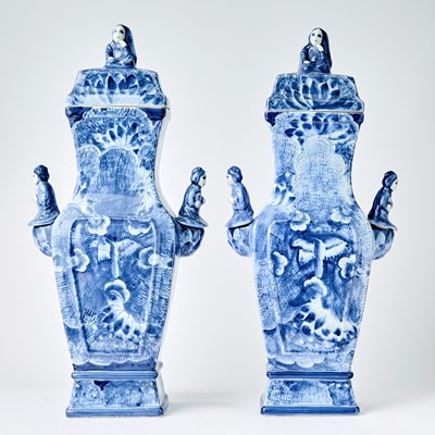 Lot 133 - Pair of Chinese Style Blue and White Porcelain Urns and Covers